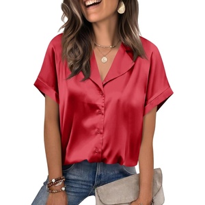 image:imageCicy Bell Womens Short Sleeve Satin V Neck Blouse Relaxed Fit Button Down Shirts Dressy Casual Work TopsRed