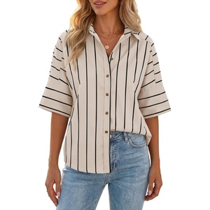 image:imageCicy Bell Womens Striped Button Down Shirts Short Sleeve Collared Dressy Casual Loose fit Tops Work Office BlousesBeige