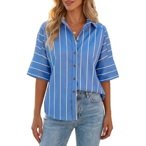 image:imageCicy Bell Womens Striped Button Down Shirts Short Sleeve Collared Dressy Casual Loose fit Tops Work Office BlousesBlue