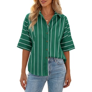 image:imageCicy Bell Womens Striped Button Down Shirts Short Sleeve Collared Dressy Casual Loose fit Tops Work Office BlousesDark Green