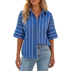 image:imageCicy Bell Womens Striped Button Down Shirts Short Sleeve Collared Dressy Casual Loose fit Tops Work Office BlousesNavy