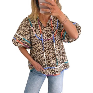 image:imageCicy Bell Womens Summer Floral Babydoll Tops V Neck Short Lantern Sleeve Shirts Cute Loose Fit Flowy BlousesLeopard Print