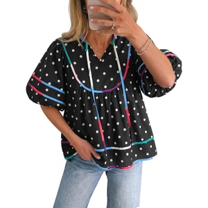 image:imageCicy Bell Womens Summer Floral Babydoll Tops V Neck Short Lantern Sleeve Shirts Cute Loose Fit Flowy BlousesPolka Dot Blackwhite