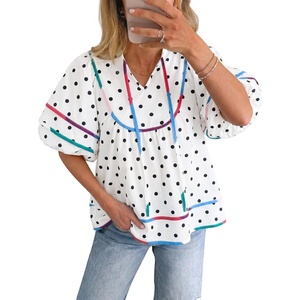 image:imageCicy Bell Womens Summer Floral Babydoll Tops V Neck Short Lantern Sleeve Shirts Cute Loose Fit Flowy BlousesPolka Dot Whiteblack