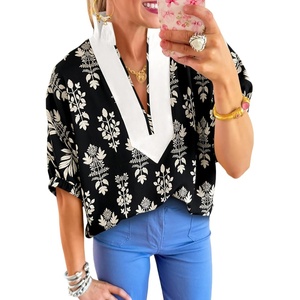 image:imageCicy Bell Womens Summer Floral Blouses V Neck Puff Half Sleeve Boho Tops Color Block Dressy Casual ShirtsBlack