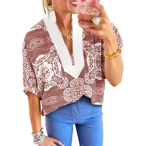 image:imageCicy Bell Womens Summer Floral Blouses V Neck Puff Half Sleeve Boho Tops Color Block Dressy Casual ShirtsBurgundy