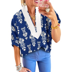 image:imageCicy Bell Womens Summer Floral Blouses V Neck Puff Half Sleeve Boho Tops Color Block Dressy Casual ShirtsDark Blue