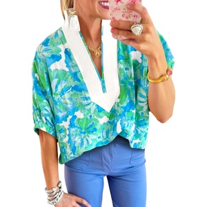 image:imageCicy Bell Womens Summer Floral Blouses V Neck Puff Half Sleeve Boho Tops Color Block Dressy Casual ShirtsGreen
