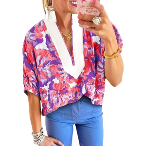 image:imageCicy Bell Womens Summer Floral Blouses V Neck Puff Half Sleeve Boho Tops Color Block Dressy Casual ShirtsPurple