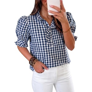 image:imageCicy Bell Womens Summer Gingham Tops Puff Short Sleeve Ruffle V Neck Button Blouse Casual Loose Fit Plaid ShirtsNavy
