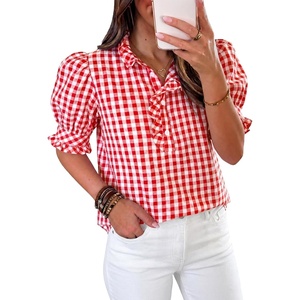 image:imageCicy Bell Womens Summer Gingham Tops Puff Short Sleeve Ruffle V Neck Button Blouse Casual Loose Fit Plaid ShirtsRed
