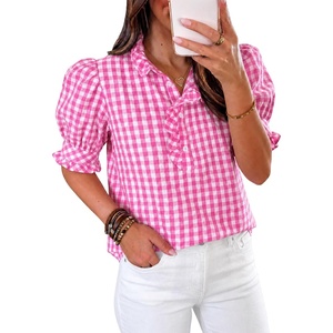 image:imageCicy Bell Womens Summer Gingham Tops Puff Short Sleeve Ruffle V Neck Button Blouse Casual Loose Fit Plaid ShirtsRose Red