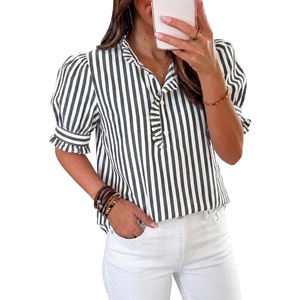 image:imageCicy Bell Womens Summer Gingham Tops Puff Short Sleeve Ruffle V Neck Button Blouse Casual Loose Fit Plaid ShirtsStripeblack
