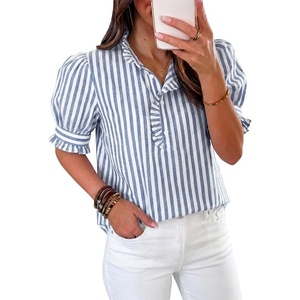 image:imageCicy Bell Womens Summer Gingham Tops Puff Short Sleeve Ruffle V Neck Button Blouse Casual Loose Fit Plaid ShirtsStripenavy