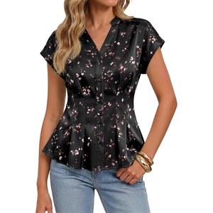 image:imageCicy Bell Womens Summer Satin Peplum Tops V Neck Cap Sleeve Button Down Silky Blouses Slim Fit Dressy Casual ShirtsBlack Flowers