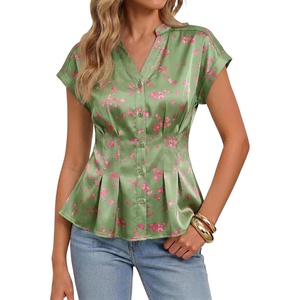 image:imageCicy Bell Womens Summer Satin Peplum Tops V Neck Cap Sleeve Button Down Silky Blouses Slim Fit Dressy Casual ShirtsGreen Flower