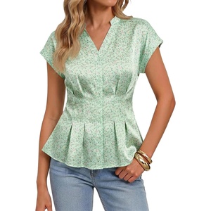 image:imageCicy Bell Womens Summer Satin Peplum Tops V Neck Cap Sleeve Button Down Silky Blouses Slim Fit Dressy Casual ShirtsLight Green Flower