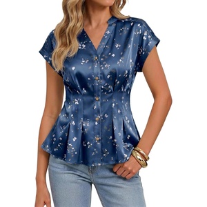 image:imageCicy Bell Womens Summer Satin Peplum Tops V Neck Cap Sleeve Button Down Silky Blouses Slim Fit Dressy Casual ShirtsNavy Flower