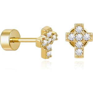 image:imageCicy Bell Womens Flat Back Stud Earrings 18K Gold Plated Hypoallergenic 316L G23 Surgical Titanium Steel CZ Stud Jewelry for Tragus Helix Cartilage Conch Piercing 20GGold Cross B