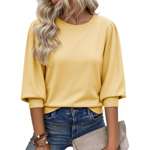 image:imageCicy Bell Womens 34 Puff Sleeve Sweater Tops Fall Casual Crew Neck Lightweight Knit Pullover Loose Fit Scallop Trim SweaterYellow