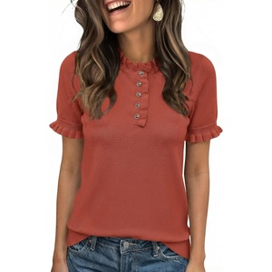 image:imageCicy Bell Womens Puff Short Sleeve Sweater Tops Ruffle Henley Neck Spring Summer Pullover Dressy Casual Knit ShirtsBrick Red