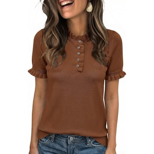 image:imageCicy Bell Womens Puff Short Sleeve Sweater Tops Ruffle Henley Neck Spring Summer Pullover Dressy Casual Knit ShirtsBrown