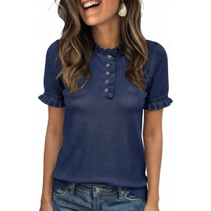 image:imageCicy Bell Womens Puff Short Sleeve Sweater Tops Ruffle Henley Neck Spring Summer Pullover Dressy Casual Knit ShirtsNavy