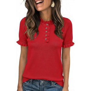 image:imageCicy Bell Womens Puff Short Sleeve Sweater Tops Ruffle Henley Neck Spring Summer Pullover Dressy Casual Knit ShirtsRed