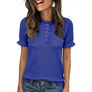 image:imageCicy Bell Womens Puff Short Sleeve Sweater Tops Ruffle Henley Neck Spring Summer Pullover Dressy Casual Knit ShirtsRoyal Blue