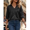 image:imageCicy Bell Womens 34 Sleeve Sparkly Tops Metallic Casual Blouses Loose Fit Collared V Neck Glitter Party ShirtsBlack