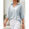 image:imageCicy Bell Womens 34 Sleeve Sparkly Tops Metallic Casual Blouses Loose Fit Collared V Neck Glitter Party ShirtsWhite