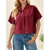 image:imageCicy Bell Womens Cropped Short Sleeve Button Down Shirts Pleated Summer Dressy Casual Blouse Stand Collar Loose Fit TopsBurgundy