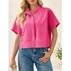 image:imageCicy Bell Womens Cropped Short Sleeve Button Down Shirts Pleated Summer Dressy Casual Blouse Stand Collar Loose Fit TopsRose Red