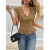 image:imageCicy Bell Womens Deep V Neck Vest Tops Cap Sleeve Cropped Ruffle Shirts Button Up Cotton Fitted Blouse