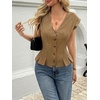 image:imageCicy Bell Womens Deep V Neck Vest Tops Cap Sleeve Cropped Ruffle Shirts Button Up Cotton Fitted Blouse