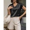 image:imageCicy Bell Womens Satin Cap Short Sleeve Blouses Casual V Neck Tops Summer Dressy Business Work Silky ShirtsBlack