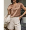 image:imageCicy Bell Womens Satin Cap Short Sleeve Blouses Casual V Neck Tops Summer Dressy Business Work Silky ShirtsBrown