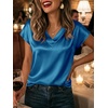 image:imageCicy Bell Womens Satin Cap Short Sleeve Blouses Casual V Neck Tops Summer Dressy Business Work Silky ShirtsPeacock