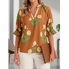 image:imageCicy Bell Womens Summer Floral Blouses Puff Ruffle Sleeve V Neck Boho Shirts Dressy Casual Flowy Blouse TopsBrown