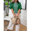 image:imageCicy Bell Womens Summer Puff Sleeve Blouses Striped Color Block Cropped Tops Casual Round Neck Shirts Green
