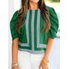 image:imageCicy Bell Womens Summer Puff Sleeve Blouses Striped Color Block Cropped Tops Casual Round Neck Shirts Green