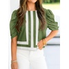 image:imageCicy Bell Womens Summer Puff Sleeve Blouses Striped Color Block Cropped Tops Casual Round Neck ShirtsArmy Green
