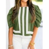 image:imageCicy Bell Womens Summer Puff Sleeve Blouses Striped Color Block Cropped Tops Casual Round Neck ShirtsArmy Green