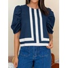 image:imageCicy Bell Womens Summer Puff Sleeve Blouses Striped Color Block Cropped Tops Casual Round Neck ShirtsNavy