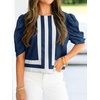 image:imageCicy Bell Womens Summer Puff Sleeve Blouses Striped Color Block Cropped Tops Casual Round Neck ShirtsNavy