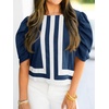 image:imageCicy Bell Womens Summer Puff Sleeve Blouses Striped Color Block Cropped Tops Casual Round Neck ShirtsNavy