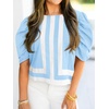 image:imageCicy Bell Womens Summer Puff Sleeve Blouses Striped Color Block Cropped Tops Casual Round Neck ShirtsPale Blue