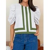 image:imageCicy Bell Womens Summer Puff Sleeve Blouses Striped Color Block Cropped Tops Casual Round Neck ShirtsWhite