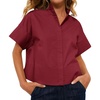 image:imageCicy Bell Womens Cropped Short Sleeve Button Down Shirts Pleated Summer Dressy Casual Blouse Stand Collar Loose Fit TopsBurgundy