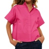image:imageCicy Bell Womens Cropped Short Sleeve Button Down Shirts Pleated Summer Dressy Casual Blouse Stand Collar Loose Fit TopsRose Red